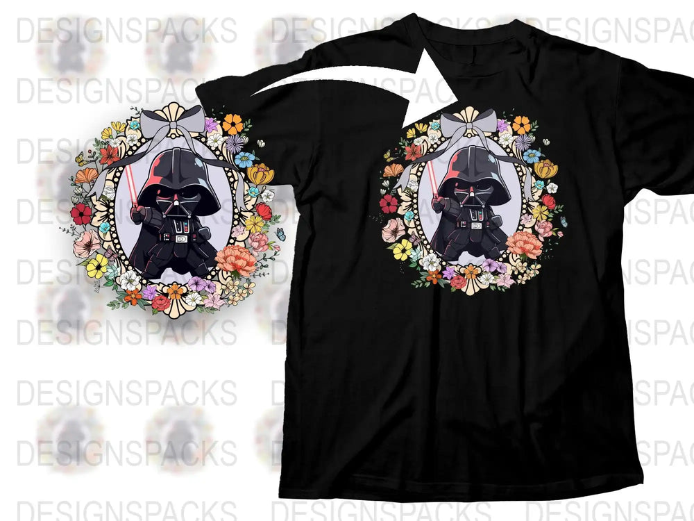 Cute Darth Vader with floral wreath design, perfect for DTF/DTG t-shirt printing