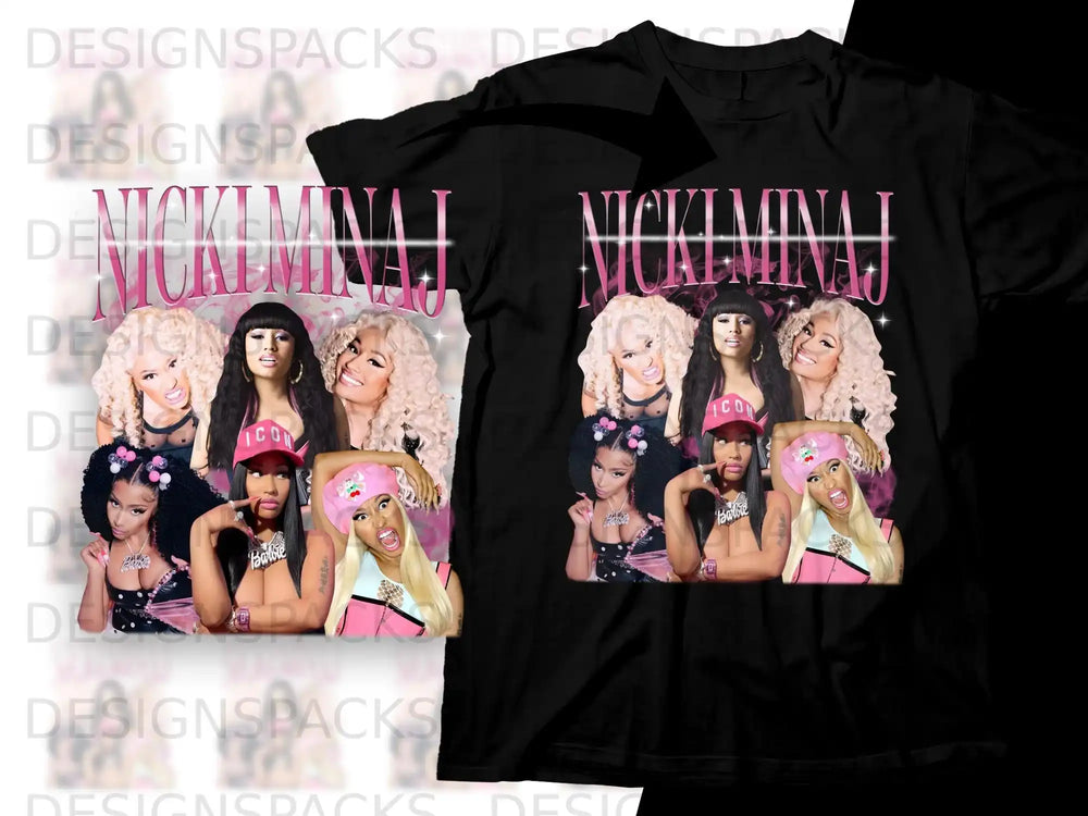 Nicki Minaj collage with text "NICKI MINAJ" on black t-shirts.