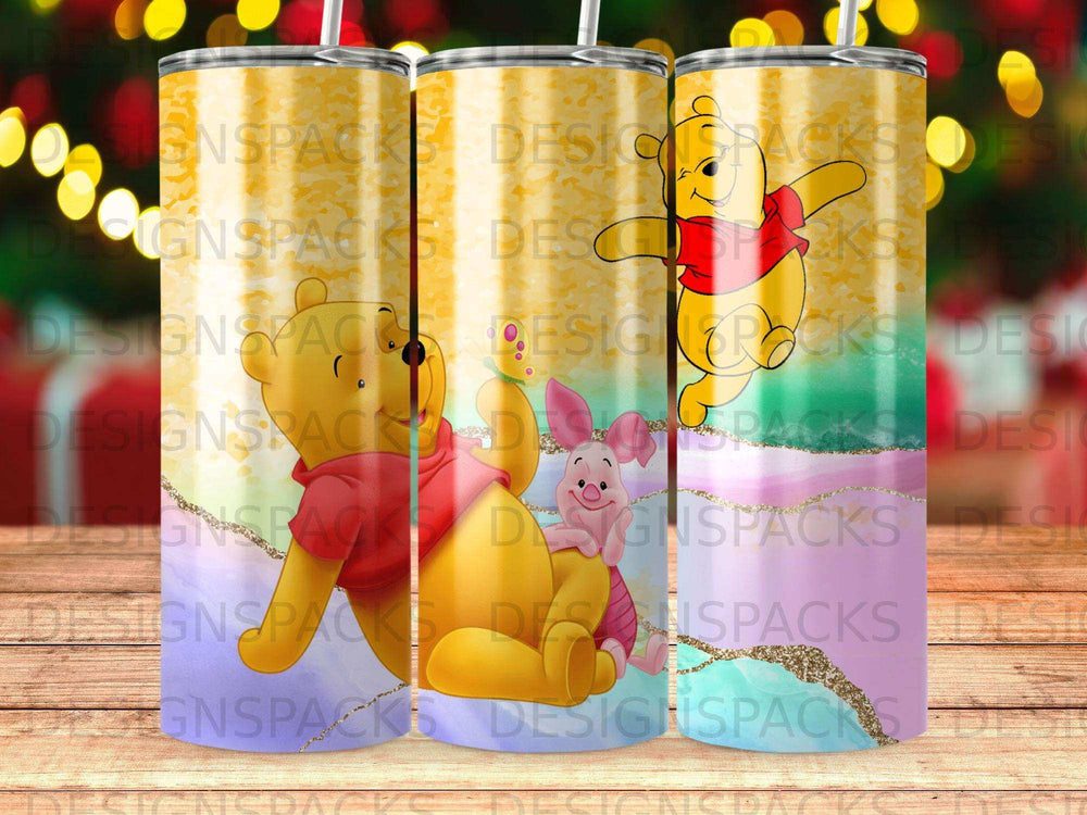 Winnie the Pooh and Piglet on a yellow and red tumbler design.