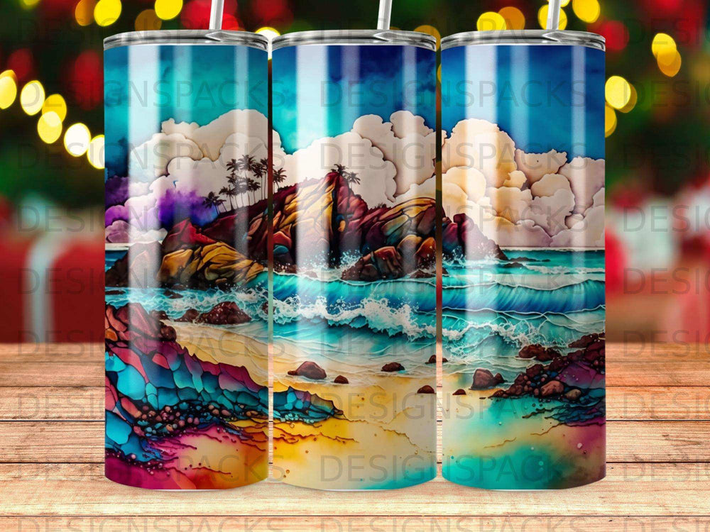 Colorful beach scene with ocean waves, rocks, and palm trees on a tumbler.