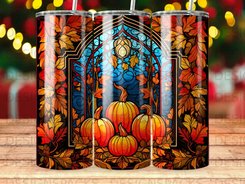 Three pumpkins in a stained-glass window with autumn leaves border.