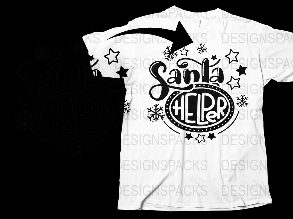 Santa Helper Christmas T-Shirt, Festive Holiday Graphic Tee, Snowflake and Star Pattern, Unisex White Shirt