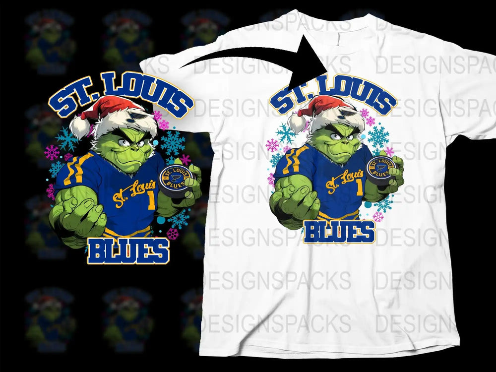 Grinch in St. Louis Blues jersey with Santa hat, snowflakes, holding puck, printed on white t-shirt