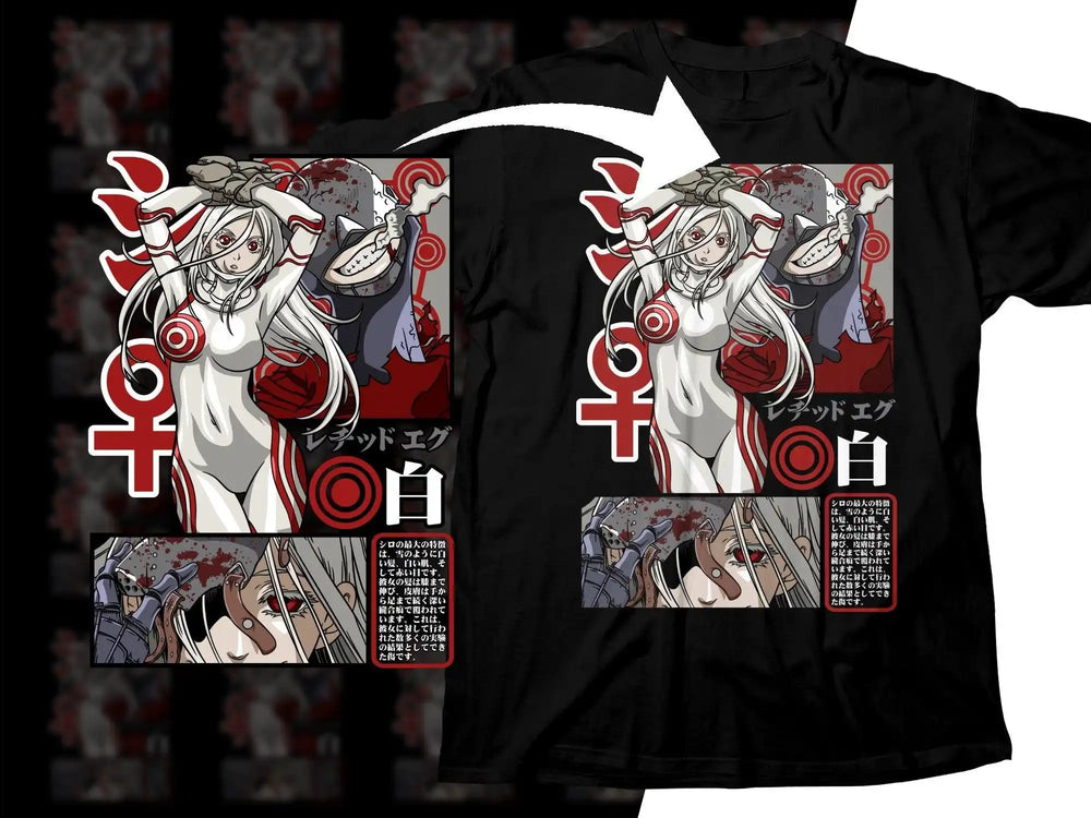 Anime-style t-shirt design with white-haired character, red accents, and Japanese text, ideal for DTF/DTG printing.