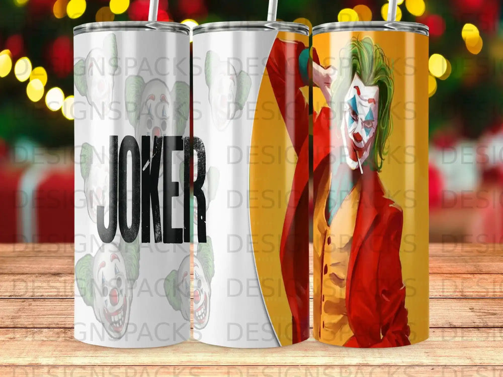 Joker tumbler with full-wrap graphic.