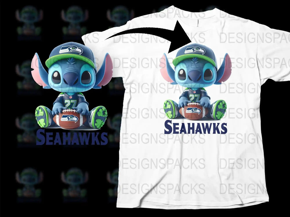 Stitch in Seahawks jersey holding football, printed on white t-shirt