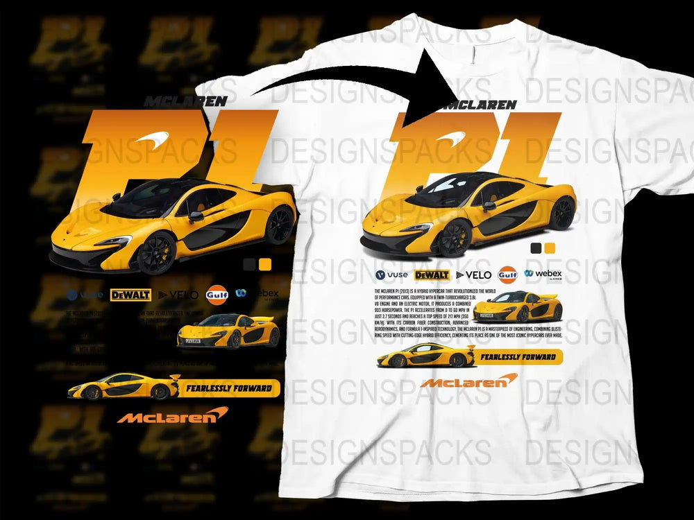 Yellow McLaren P1 hypercar t-shirt design with bold graphics and sponsor logos