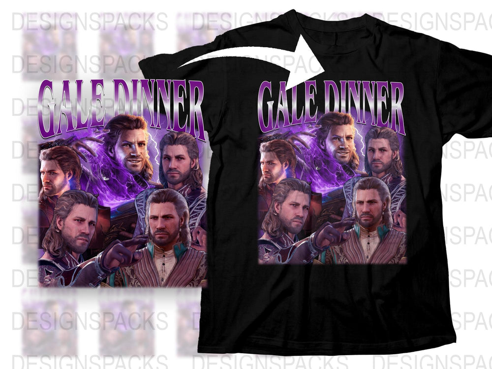 Gale Dinner Graphic T-Shirt, Men's Purple Fantasy Themed Tee, Multiple Character Design, Gift Idea