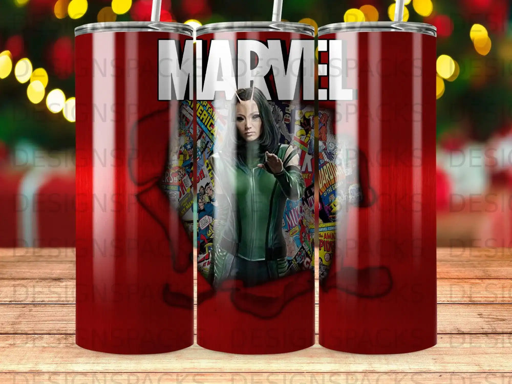 Marvel comic-style tumbler featuring characters like Captain America and Mantis.