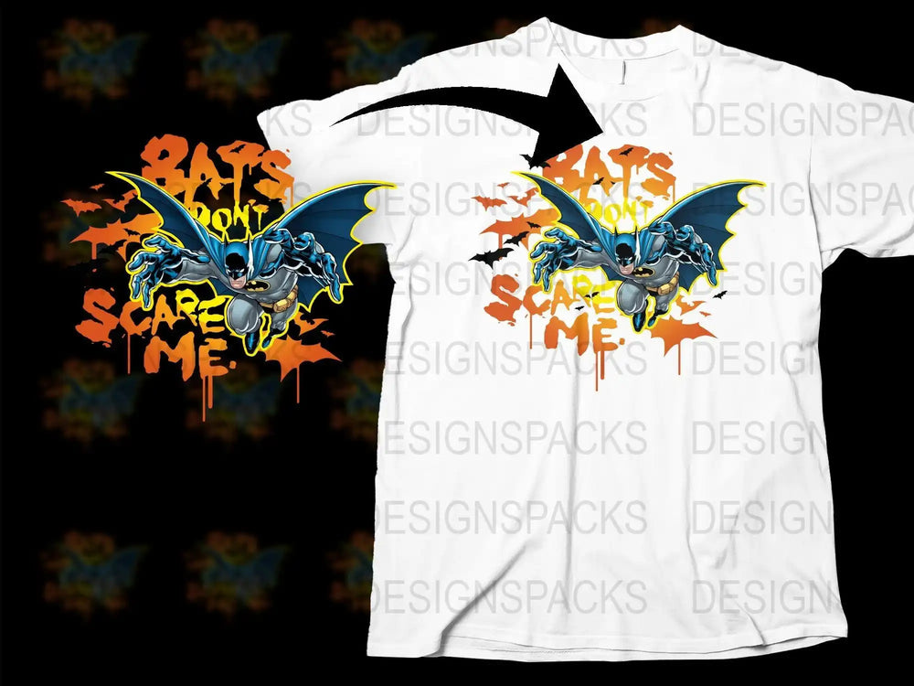 Batman t-shirt design with 'Bats Don't Scare Me' text, vibrant orange and blue colors, print-ready graphic.