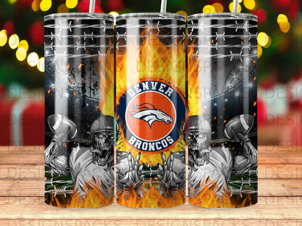 Denver Broncos skeleton mascots with fire and barbed wire design on tumbler.