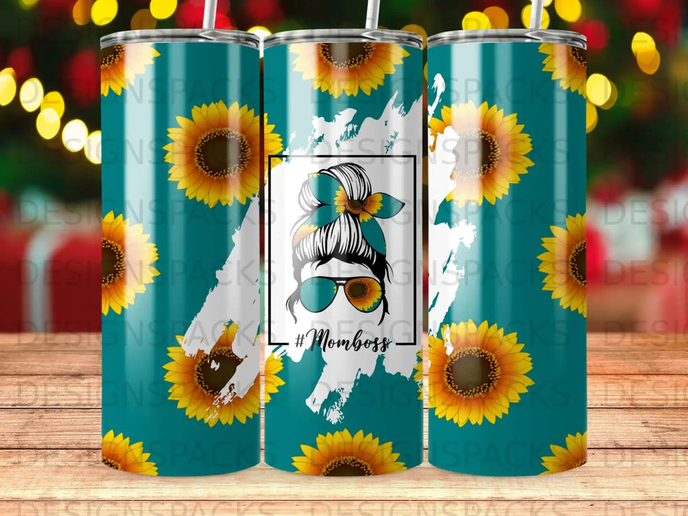 Turquoise tumbler with sunflowers and #Momboss text in messy bun graphic.