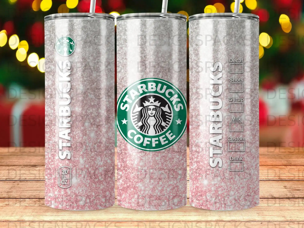 Starbucks tumblers with glitter and coffee menu options.