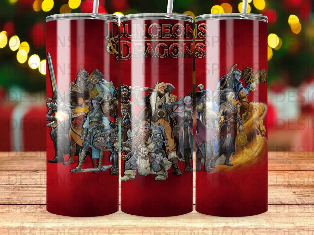 Dungeons & Dragons characters with fantasy art on a tumbler.