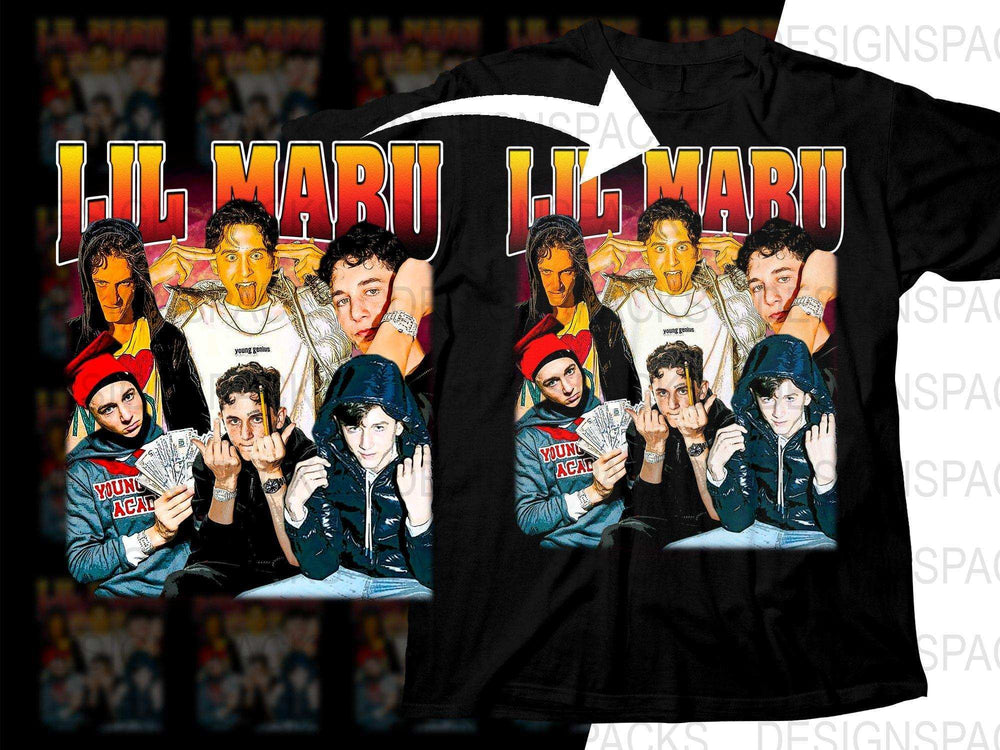 Lil Maru group graphic t-shirt design, print-ready PNG for DTF/DTG, featuring bold text and stylized portraits