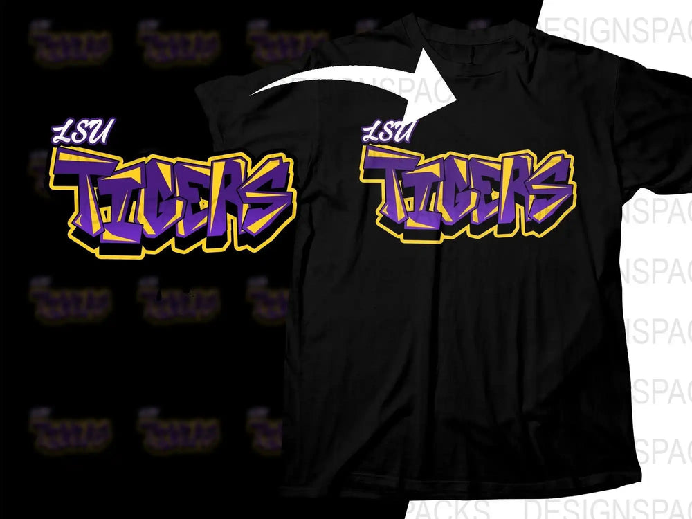 LSU Tigers purple and gold graffiti-style design on black t-shirt, print-ready for DTG or DTF