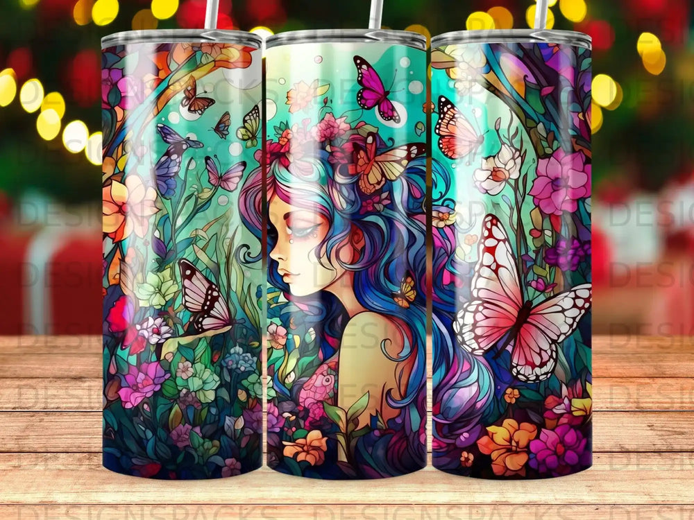 Woman with colorful hair and butterflies in floral garden.