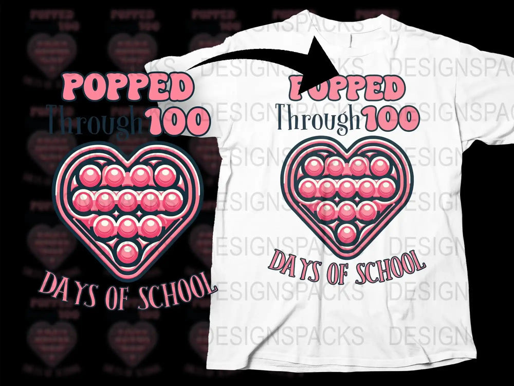 Popped Through 100 Days of School heart design on white t-shirt, pink bubble pattern