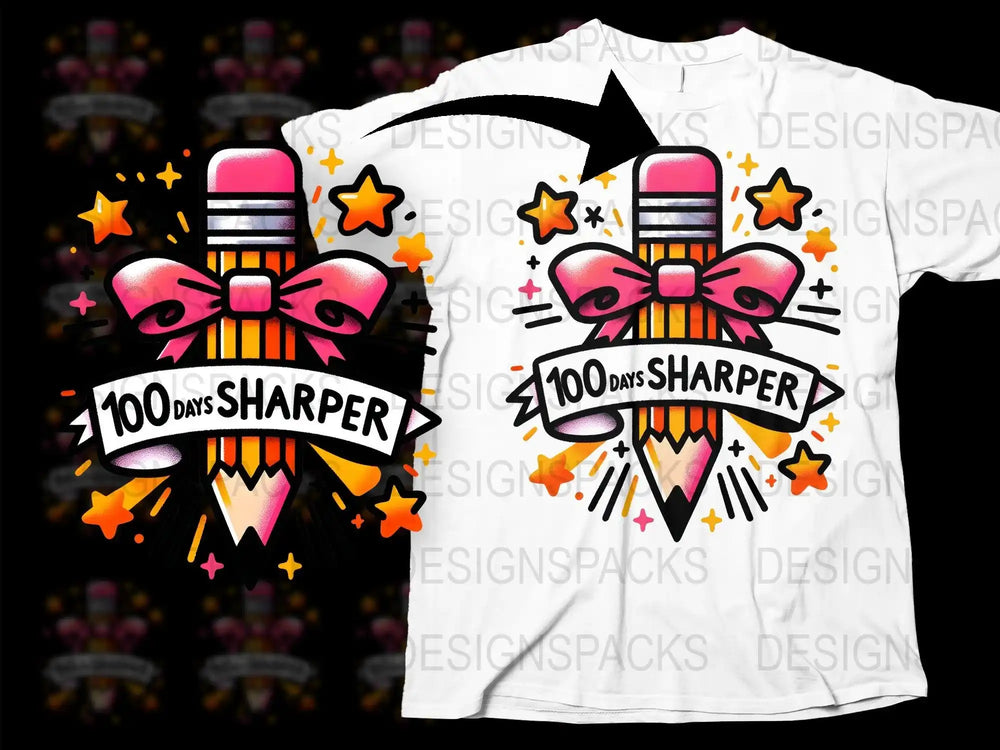 100 Days Sharper pencil design with pink bow, stars, on white t-shirt, print-ready graphic
