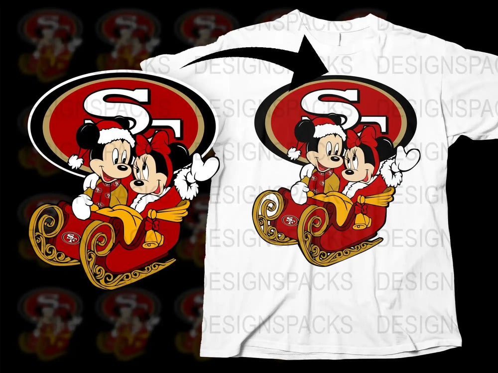 Mickey and Minnie in Santa hats on a sleigh with SF 49ers logo, festive holiday design for t-shirts