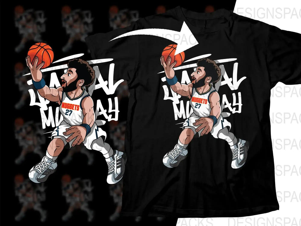Basketball player in Nuggets 27 jersey on black t-shirt design, dynamic action pose with ball