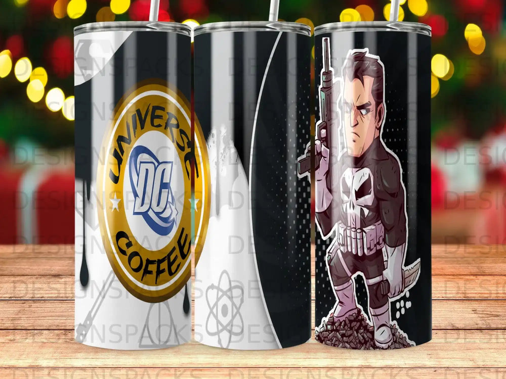 DC Coffee tumbler featuring The Punisher illustration with a knife.