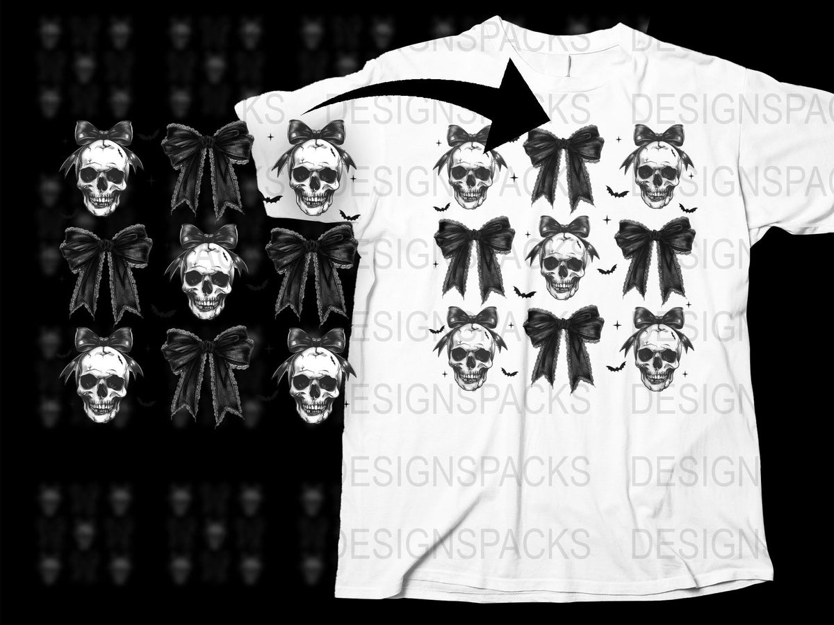 Gothic Skull and Bat Design T-Shirt, Black Ribbons, Unisex Horror Tee, Graphic Print Shirt, Casual Gothic Apparel