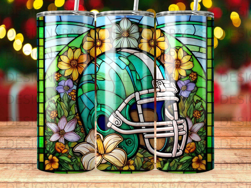 Green football helmet with stained glass flowers and border.