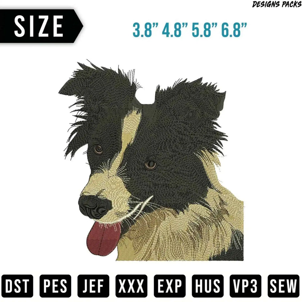 Embroidery design of a Border Collie dog head, with size options and file formats.