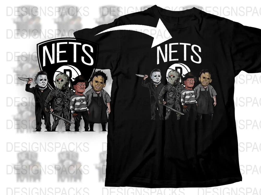 Black t-shirt featuring horror movie characters with 'NETS' logo, perfect for fans and print-ready designs.