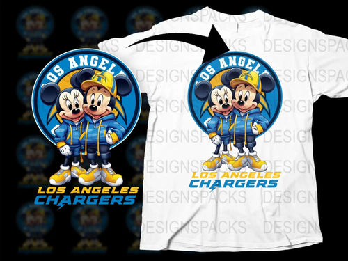 Mickey and Minnie in Los Angeles Chargers gear, print-ready t-shirt design for DTF DTG