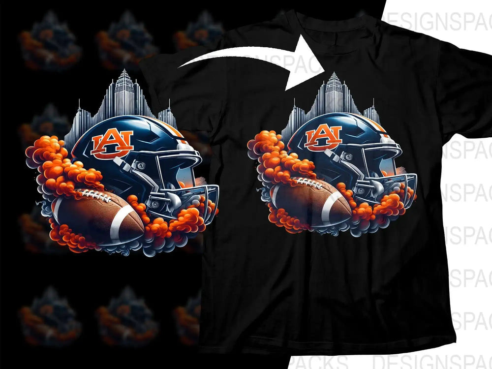 Auburn football helmet and ball design on black t-shirt with city skyline background