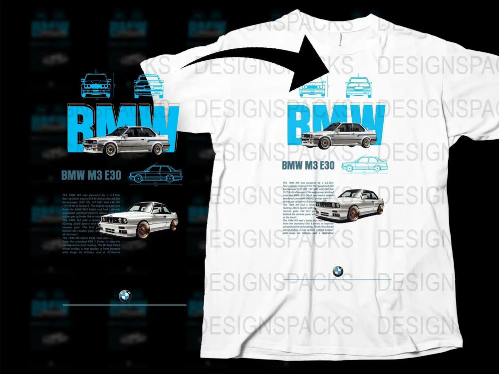 BMW M3 E30 car design t-shirt with blueprint graphics, perfect for DTF/DTG printing