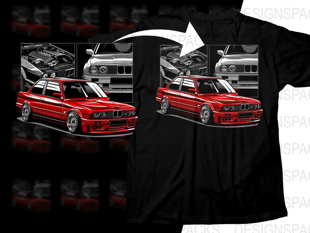 Red BMW car design on black t-shirt, print-ready graphic for DTF/DTG bundles