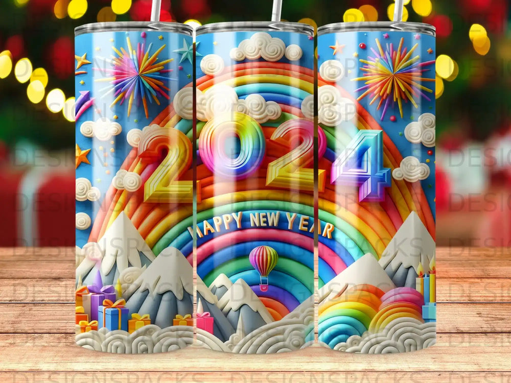 Happy New Year 2024 rainbow mountain scene with hot air balloon and gifts.