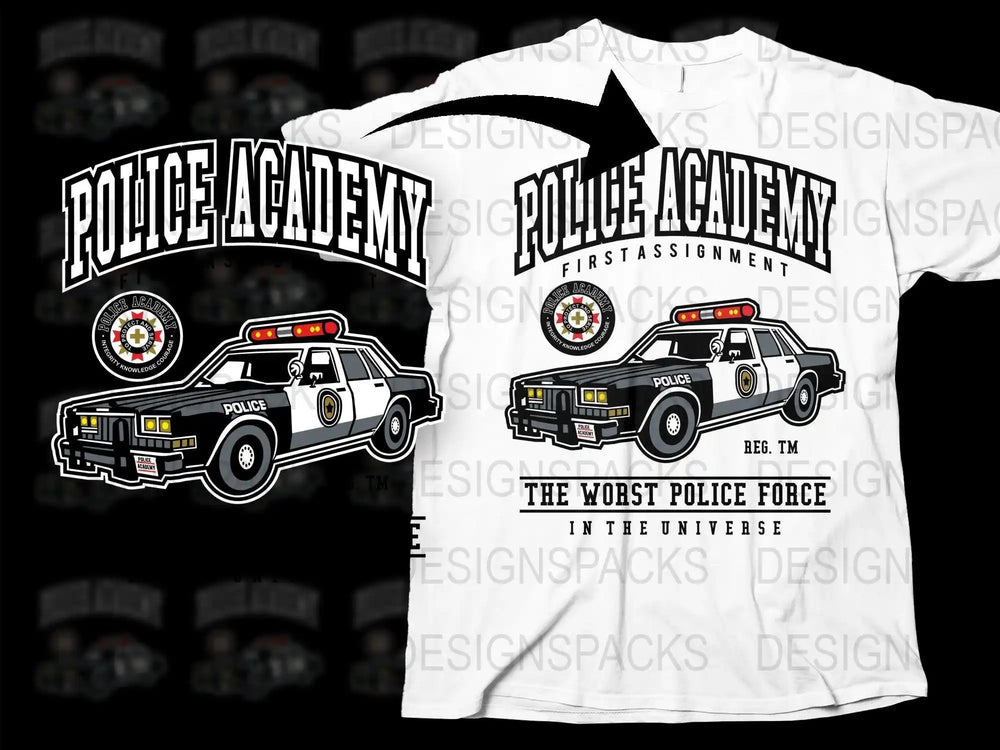 Police Academy movie t-shirt design with vintage patrol car, ideal for DTF, DTG, or embroidery print