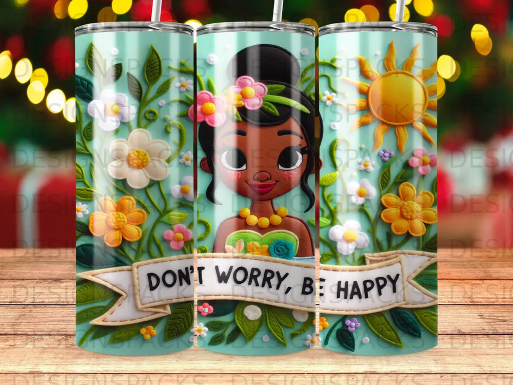 Tiana in green dress with "Don't Worry, Be Happy" banner and floral pattern.