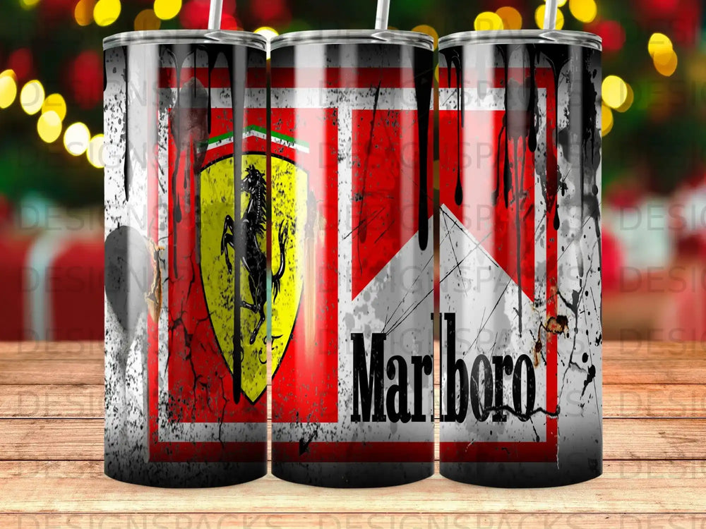Ferrari logo and Marlboro text on a distressed, grunge-style tumbler.