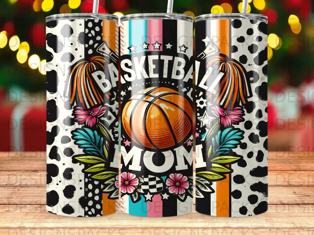 Basketball Mom tumbler with colorful design and floral accents.
