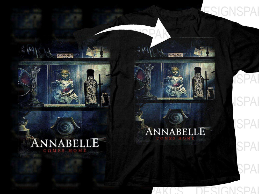 Annabelle Comes Home horror movie design on black t-shirt, perfect for fans and print-on-demand