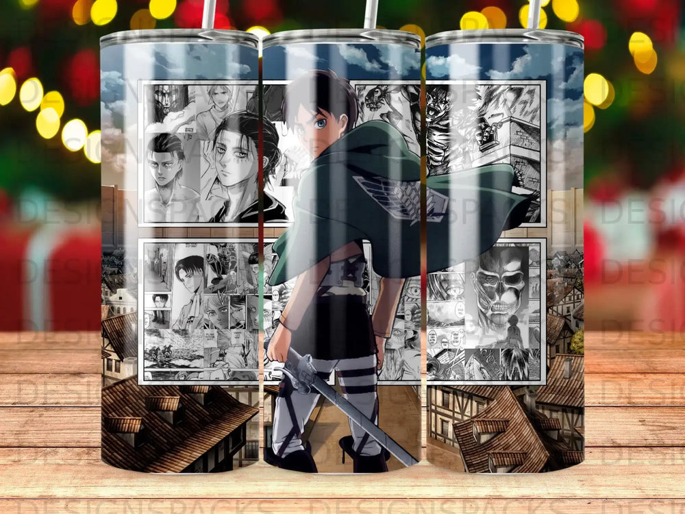 Eren Yeager in Attack on Titan manga panels on a tumbler wrap.