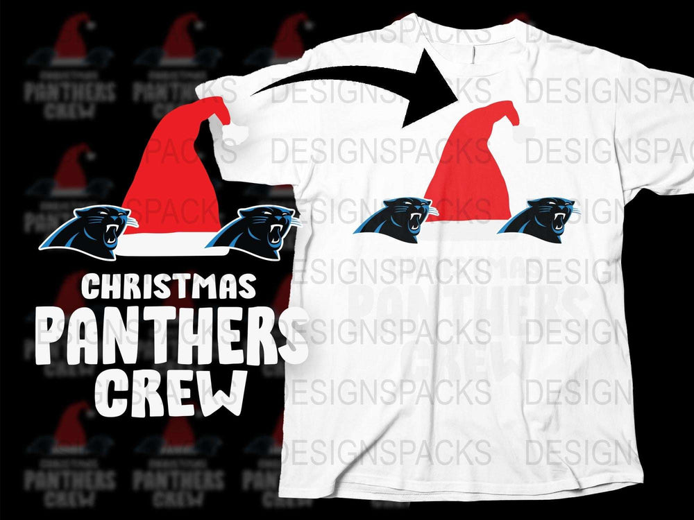Christmas Panthers Crew T-Shirt, Festive Holiday Graphic Tee, Santa Hat Design, Sports Team Apparel