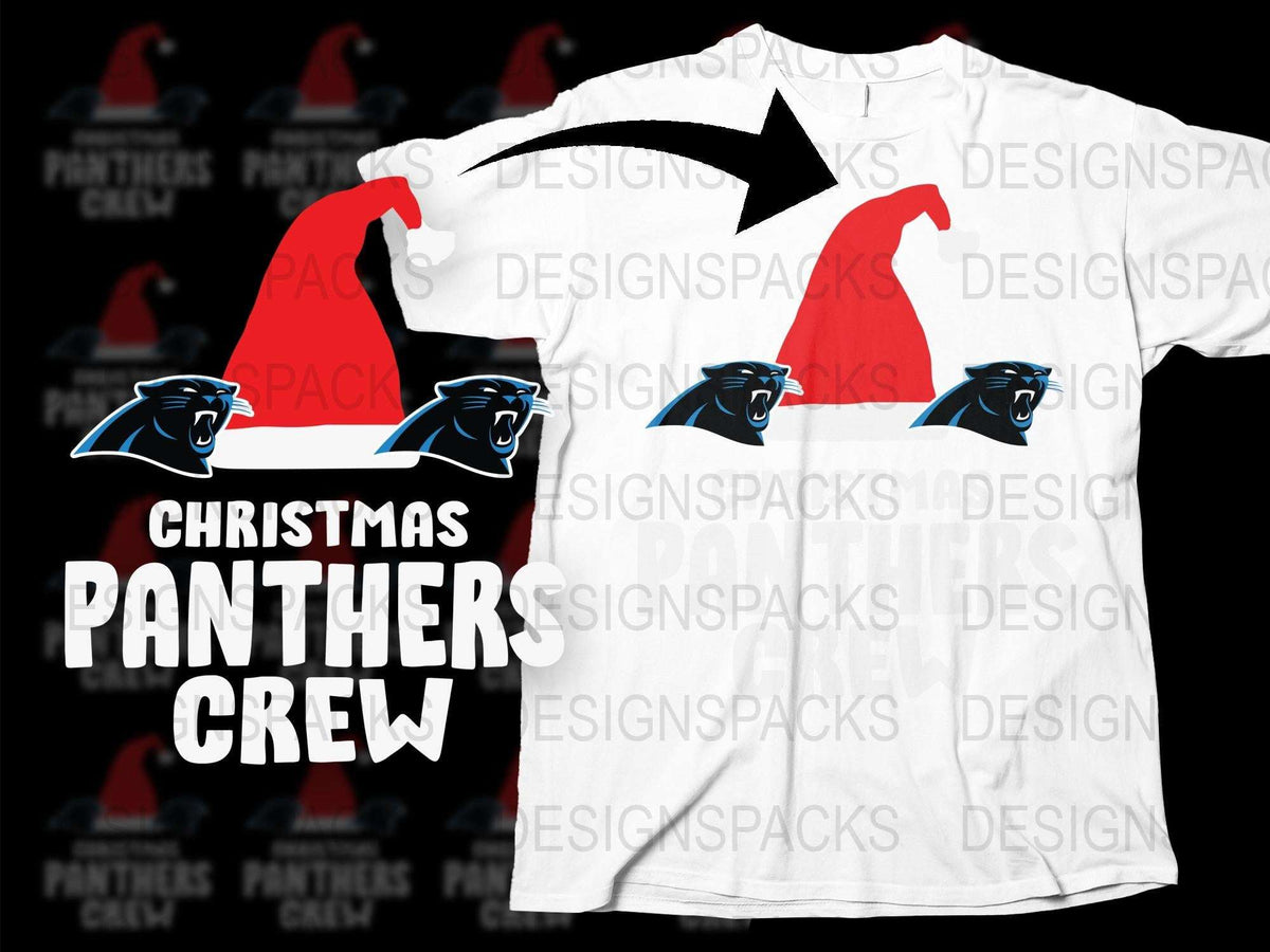 Christmas Panthers Crew T-Shirt, Festive Holiday Graphic Tee, Santa Hat Design, Sports Team Apparel