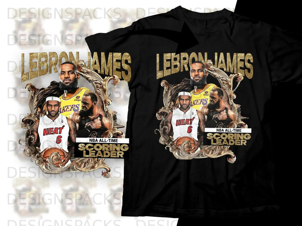 LeBron James T-shirt with "NBA All-Time Scoring Leader" and Lakers/Heat imagery.