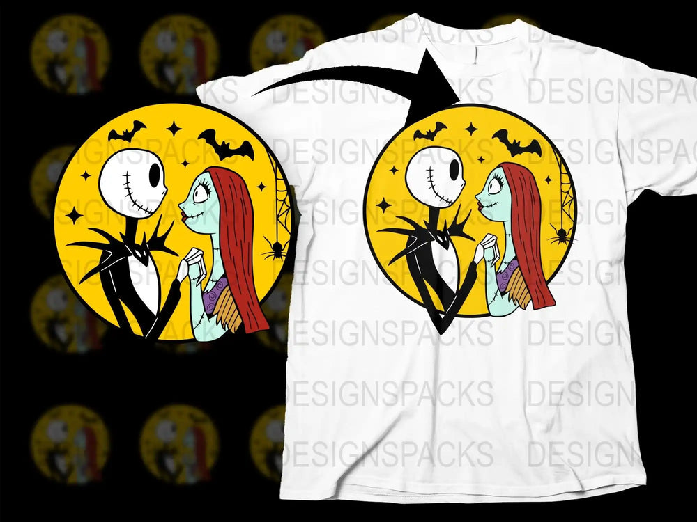 Jack and Sally Halloween t-shirt design with full moon, bats, and spiderweb, print-ready PNG SVG