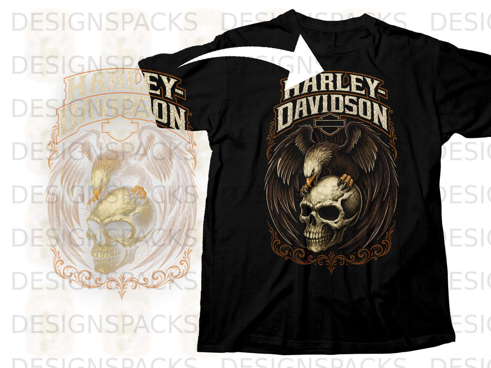 Black t-shirt with Harley-Davidson logo, eagle, and skull graphic.