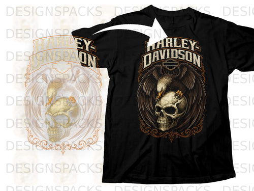 Black t-shirt with Harley-Davidson logo, eagle, and skull graphic.