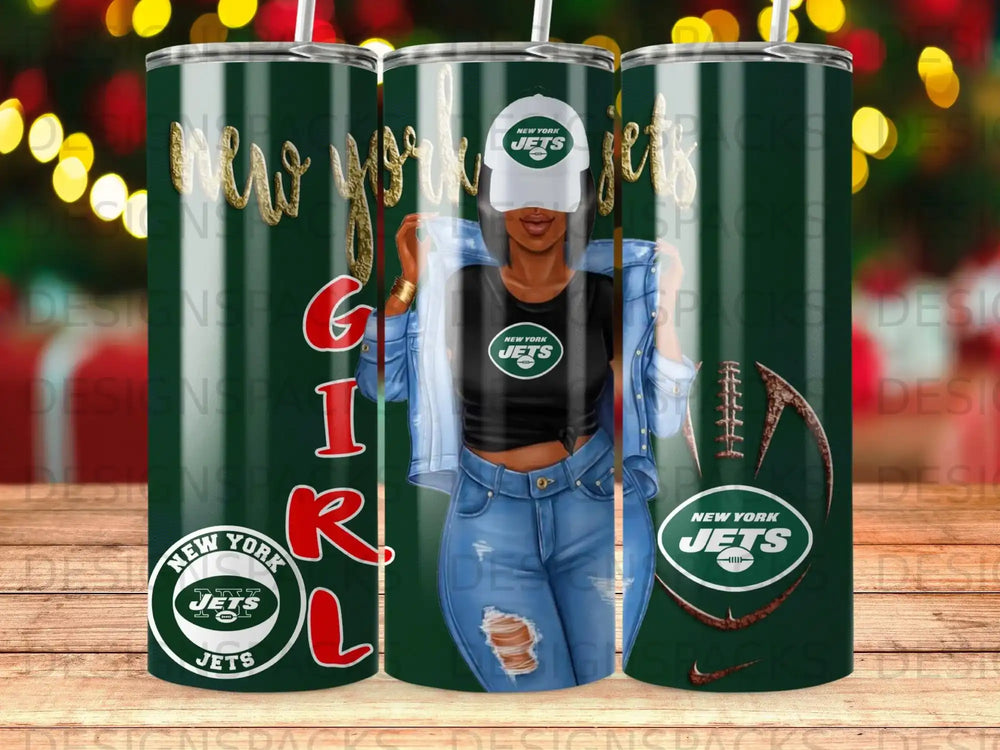 New York Jets logo and "GIRL" text on a tumbler.