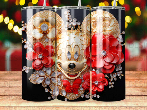 Mickey Mouse tumbler with red flowers and gold embellishments.