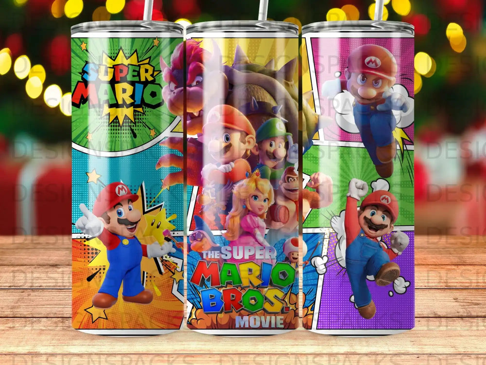 Super Mario characters on a tumbler wrap with "The Super Mario Bros. Movie" text.